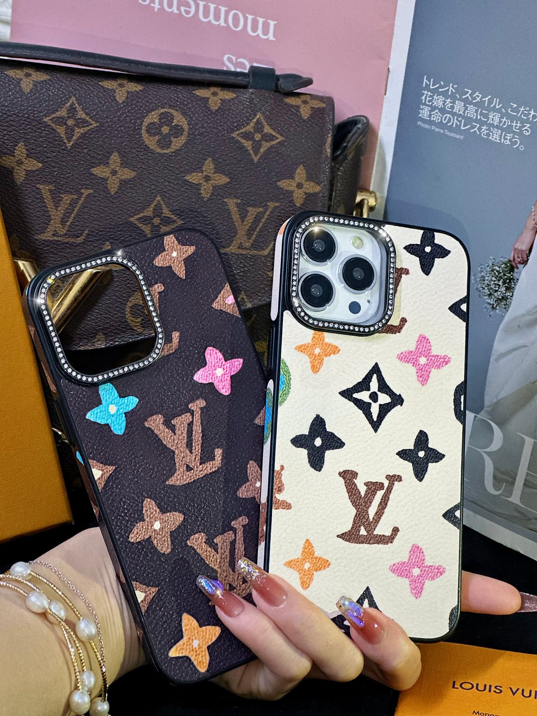 LV閃亮鑽石字母蘋果優雅保護手機殼