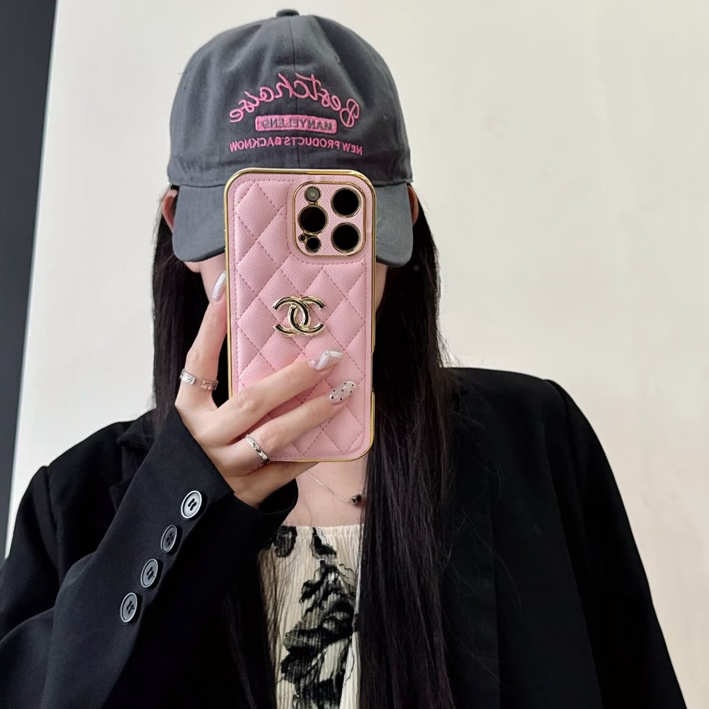 經典Chanel香奈兒羊皮鑽石皮革標誌性金屬標籤蘋果iPhone保護套