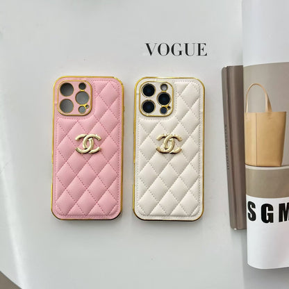 經典Chanel香奈兒羊皮鑽石皮革標誌性金屬標籤蘋果iPhone保護套